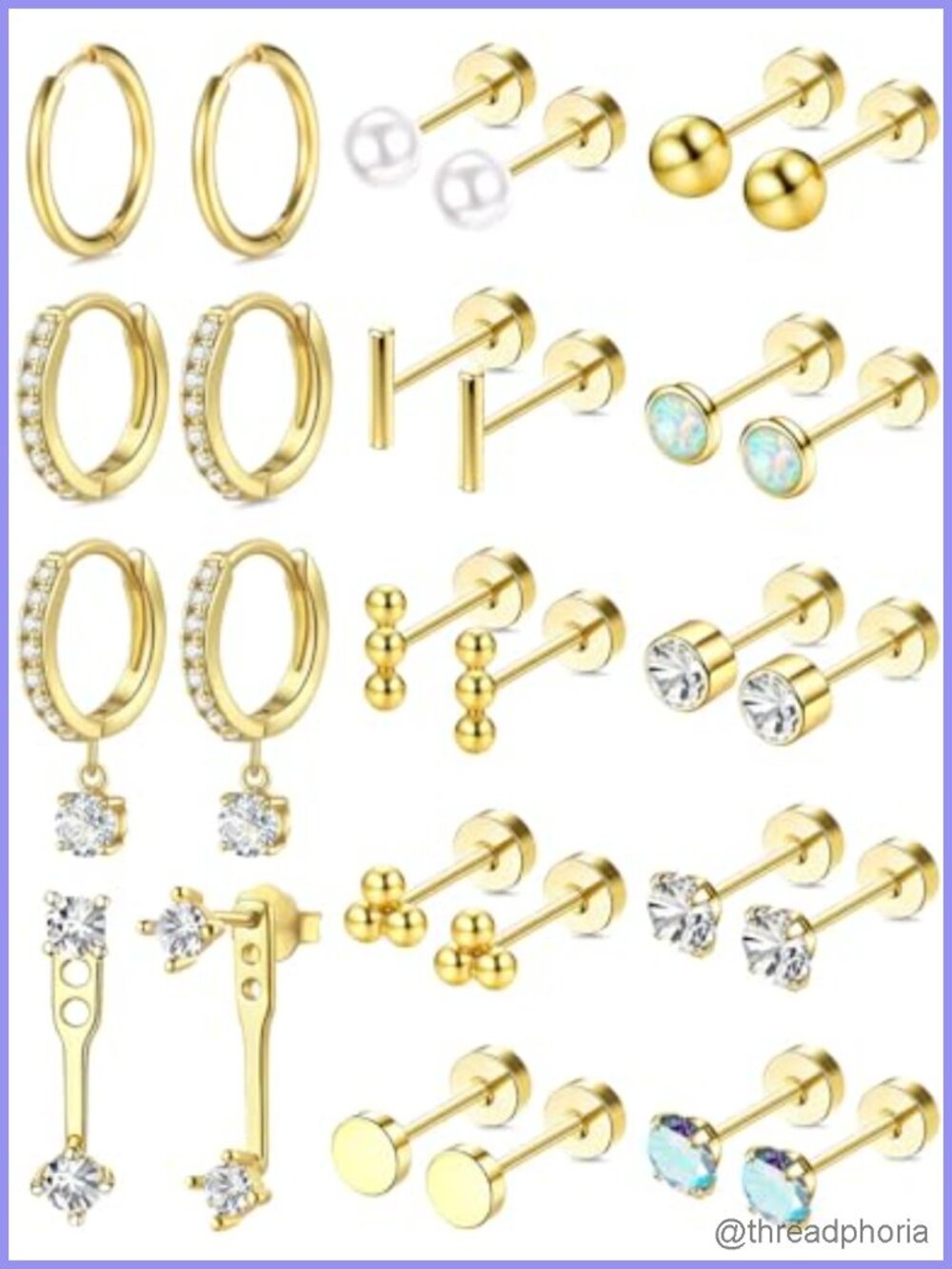 14K Gold Plated Hypoallergenic Earrings Set for Women CZ Stone Studs Huggie
